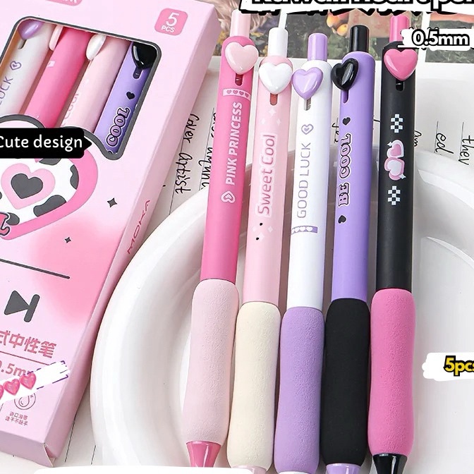 

Hot 5pcs Set Pulpen Gel Lucu Heart Pen Kawaii Aesthetic Tinta Hitam