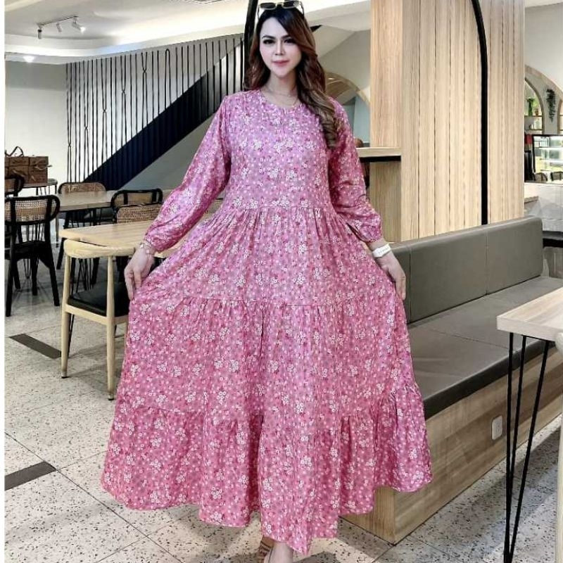 Gamis Jumbo Rayon Size M-XXXL Motif Bunga Kecil Kecil