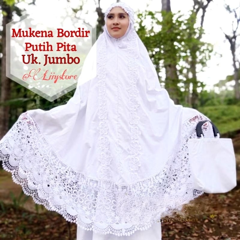 SETELAN MUKENA BORDIR DEWASA MOTIF PUTIH POLOS PITA UK. JUMBO BAHAN RAYON SUPER PREMIUM FREE TAS TRA