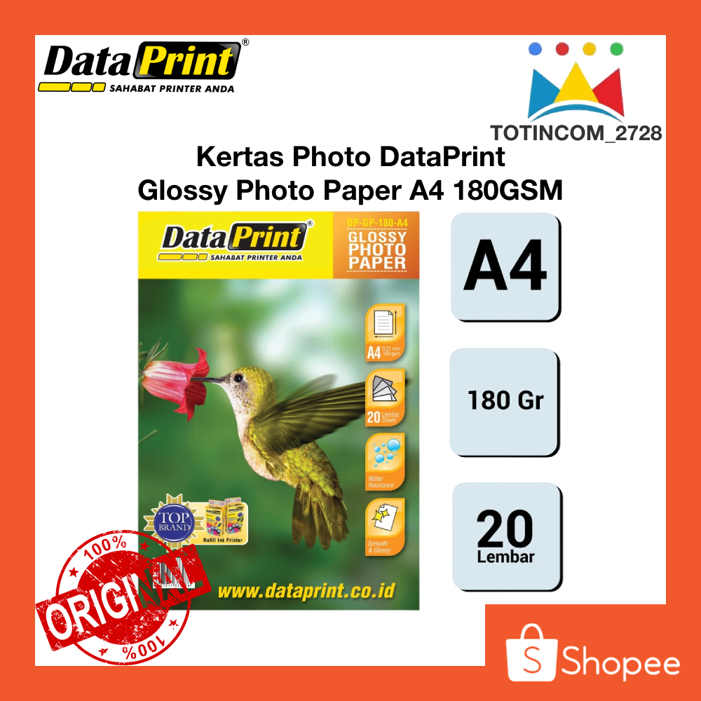 

Kertas Photo DataPrint Glossy 180 gsm Isi 20 Lembar per pak Kertas Print Foto Mengkilap Tahan Air