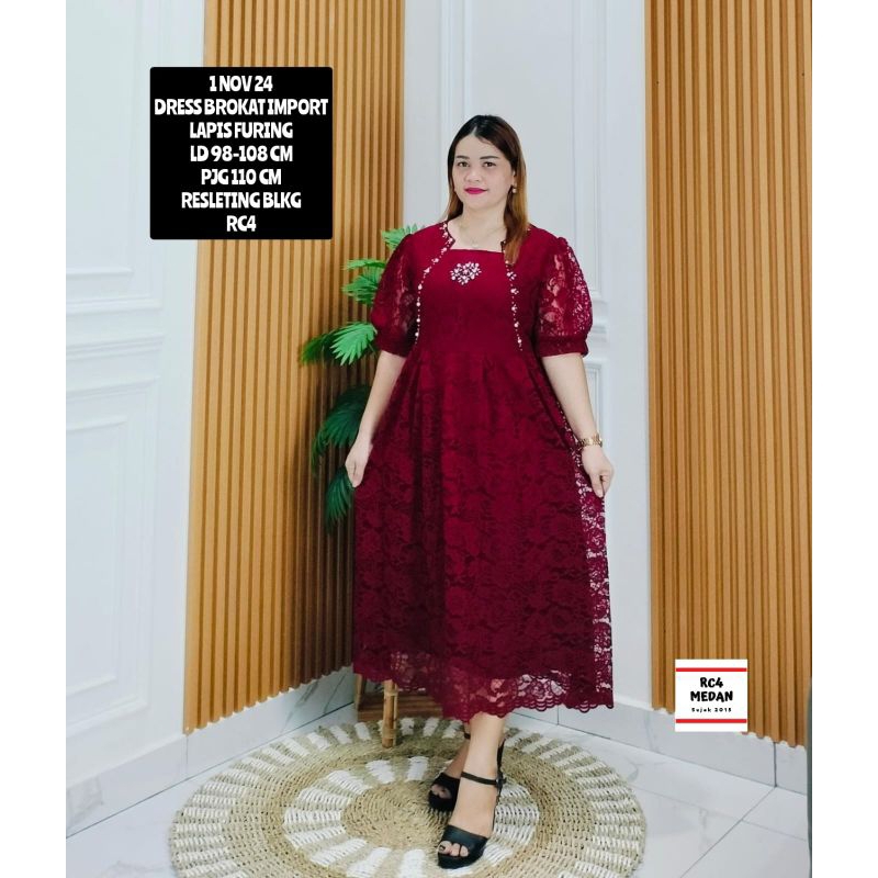 Dress Scuba Crepe Import Kombinasi Brokat Gaun Natal