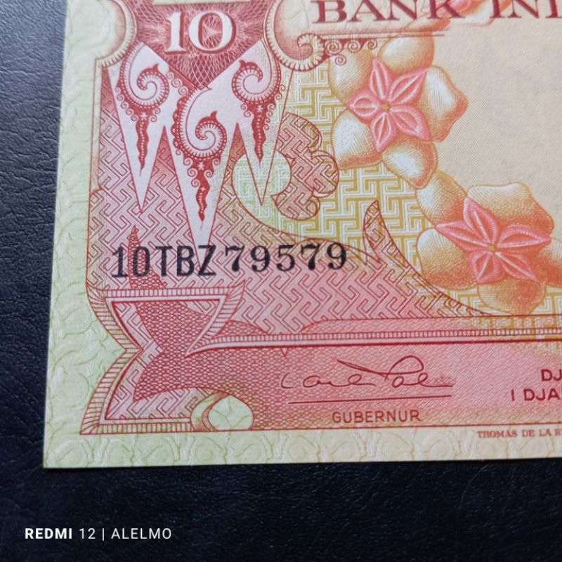 uang kertas kuno 10 rupiah bunga tahun 1957 baru utuh asli seri cantik 10TBZ79579