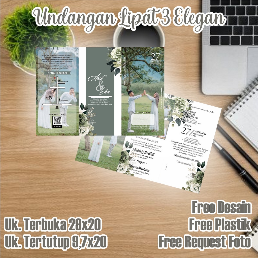 Undangan Pernikahan Lipat 3 Elegan / Desain Kekinian / Free Plastik, Desain dan Free Foto / Termurah