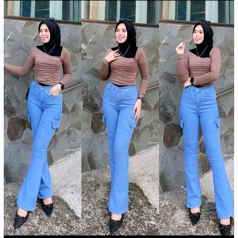 Celana Jeans Cutbray Cargo Wanita // Celana Cutbray Cargo // Hw Jeans Cargo Cutbray Polos Panjang