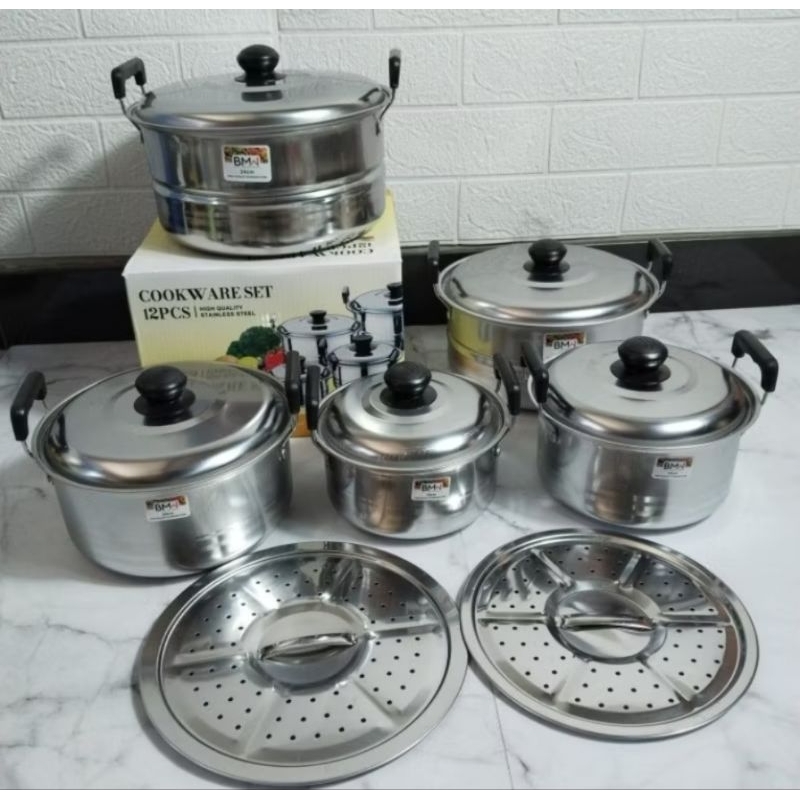COOKWARE SET BMW 12PCS STAINLESS STEEL panci set anti karat panci set isi 5 panci set saringan