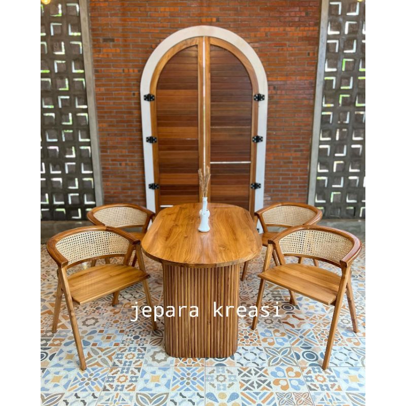 meja makan 4 kursi rotan kayu jati minimalis, set meja makan kayu jati 4 kursi minimalis rotan