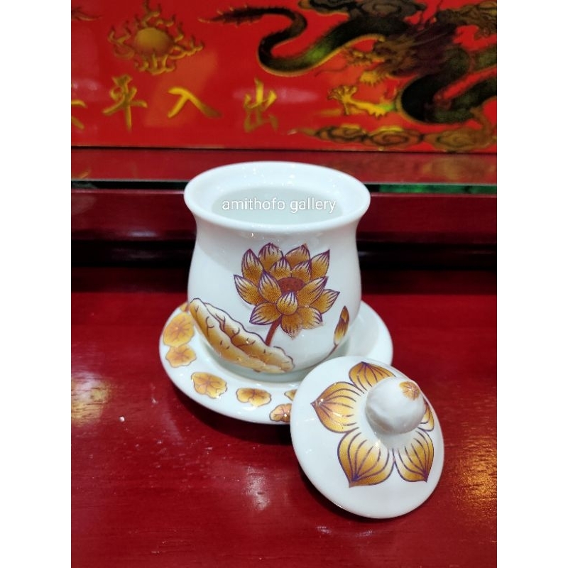 Gelas keramik tutup teratai/LH Les emas ANN/ gelas sembayang/ gelas keramik tutup