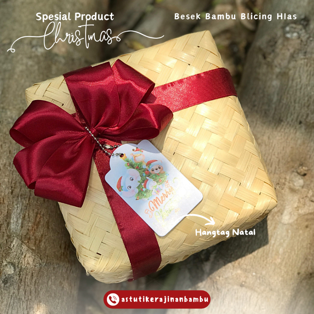 Satu Pasang Besek Bambu Blicing Hias Pita Ribbon Spesial Natal Besek Bambu Wadah makanan Wadah Hampe