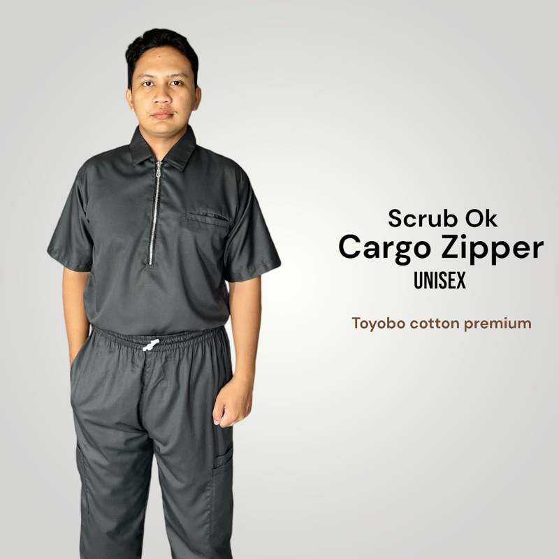 Scrub Ok Zipper Celana Cargo Unisex/ Baju Ok zipper lengan pendek/ Baju Ok zipper cargo pants S-XXXL