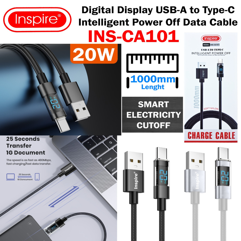 Kabel Data LED Display PD Watt Fast Charging 20W 100W Kabel Data USB Tipe C INS-CA101 INS-CA103