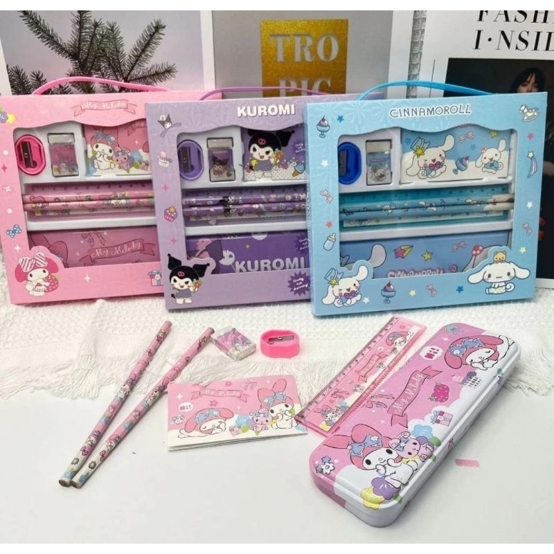 

set alat tulis karakter sanrio kuromi melody cinamorol pensil buku penggaris rautan