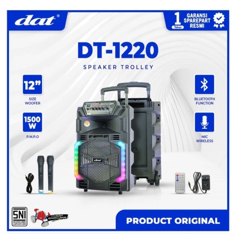 TROLLEY SPEAKER TROLI DAT DT 1220 DT1220 TWO WIRELESS MICROPHONE MIC MIKROFON TANPA KABEL BLUETOOTJ 