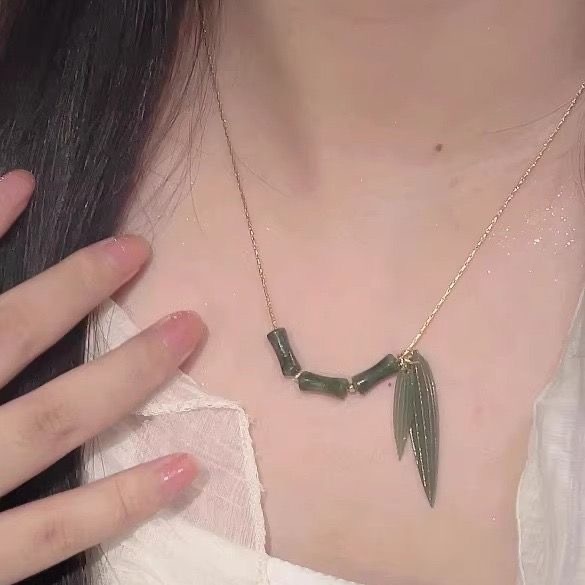 Baattaiy Kalung Bambu Hijau Kalung Simpul Bambu Gaya Cina Baru Rantai Leher Gaya Retro