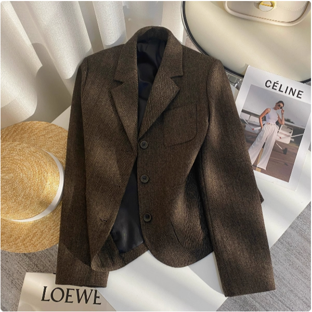 Brown wool suit jacket for women autumn and winter new style high-end design niche street-blasting t