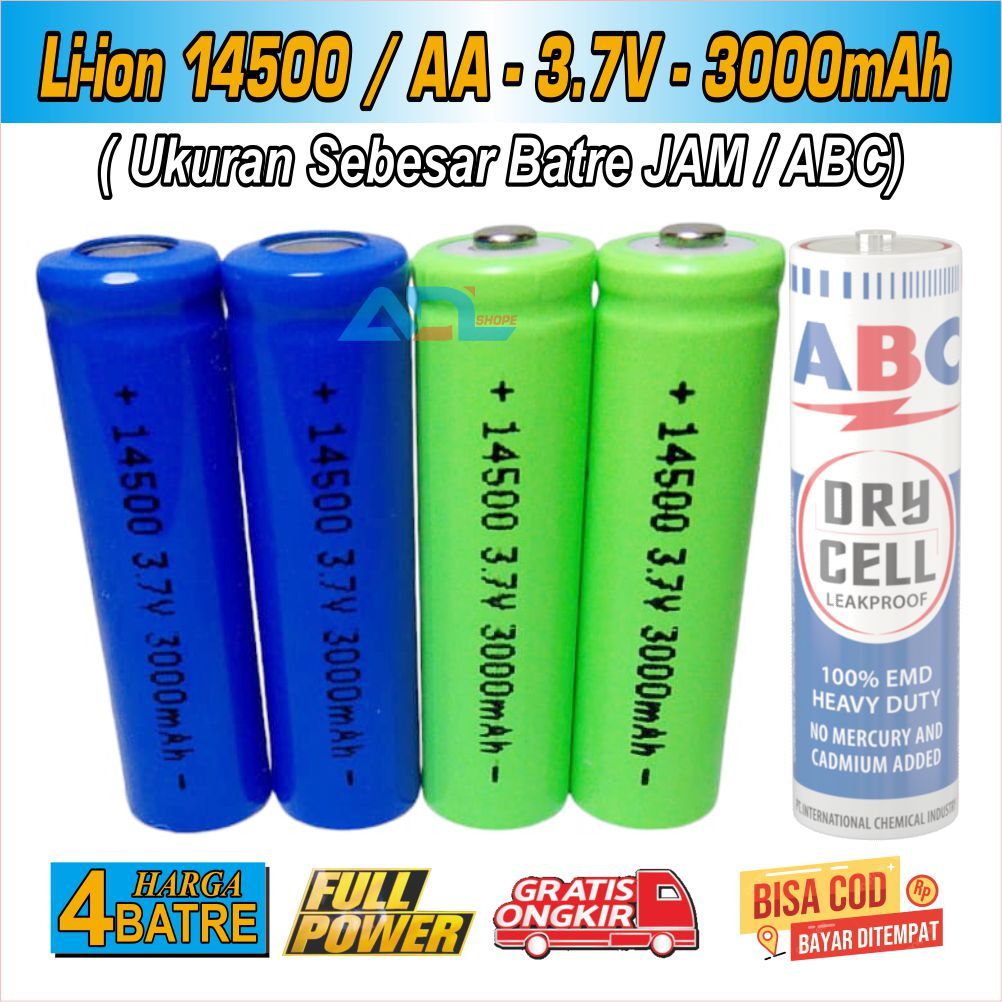 Baterai CHARGER Lithium 14500, BATRE Alat Cukur, Senter, Type 14500 3.7V 3000 Mah Harga 4 pcs
