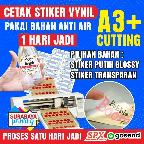 

Promo Cetak Stiker cutting vinyl glossy, sticker transparan Anti Air print digital laser A3+