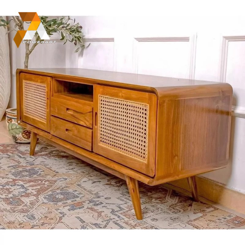 Bufet tv meja tv kombinasi rotan kayu jati