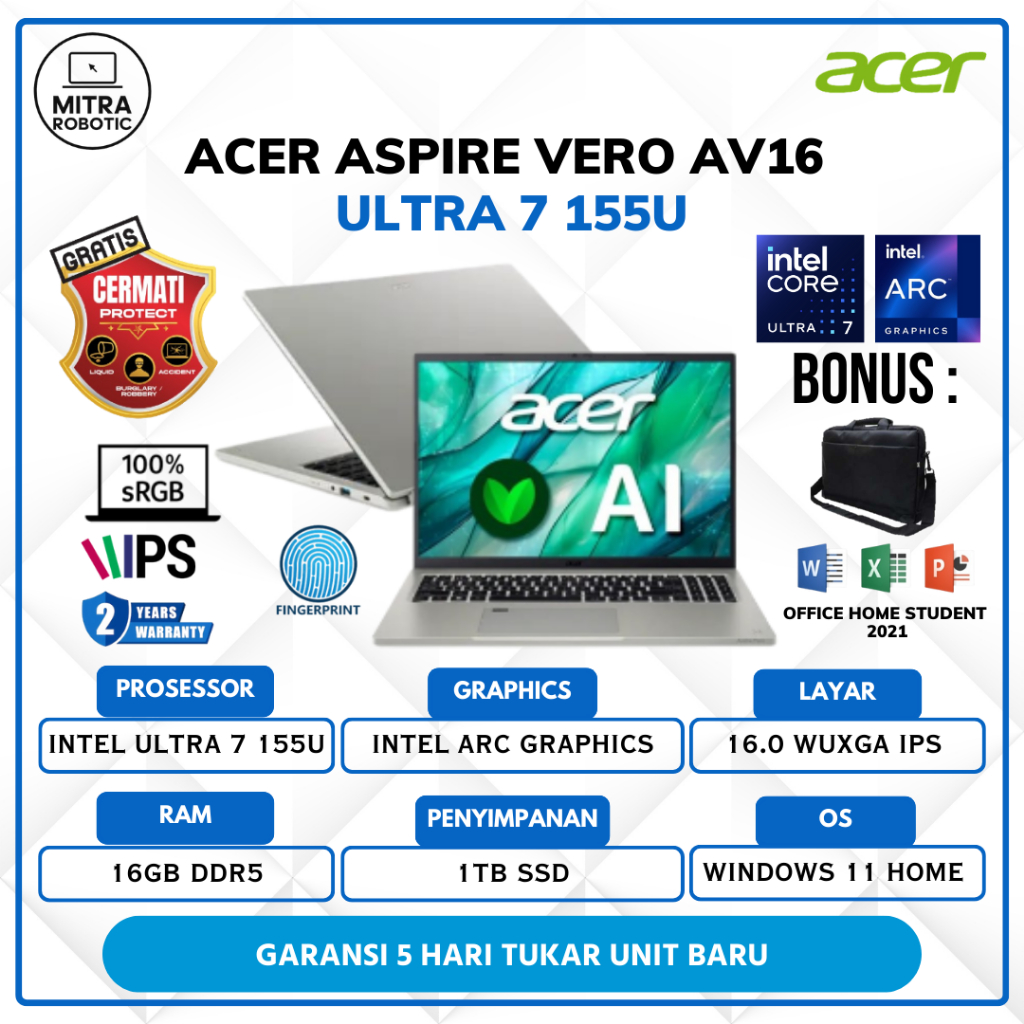 ACER Aspire Vero 16 AV16-51P Ultra 7-155U 16GB 1TB 16" WUXGA sRGB 100% Windows 11 Free Office