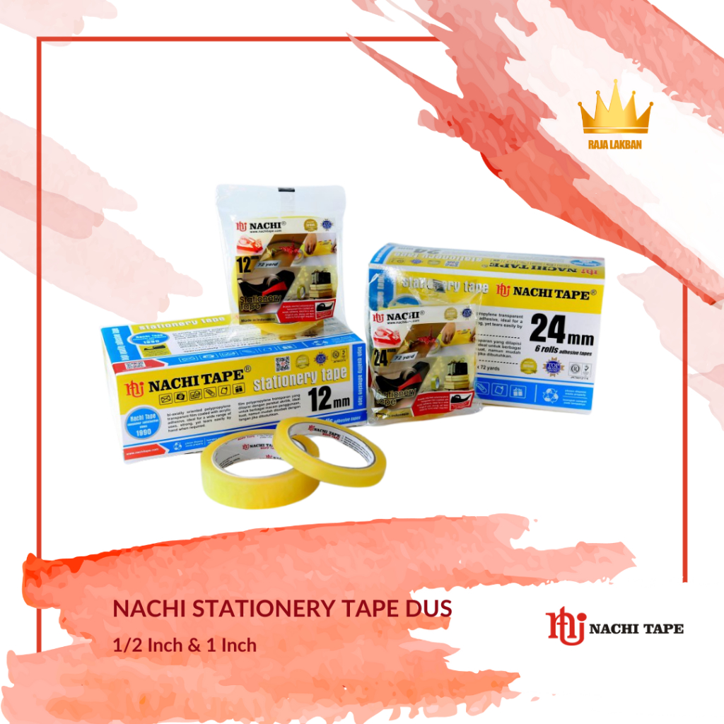 

Isolasi Selotip Bening Stationery Tape Nachi Dus 0.5 inch 12mm, 1 inch 24mm x 72 Yard/ Bening - Roll