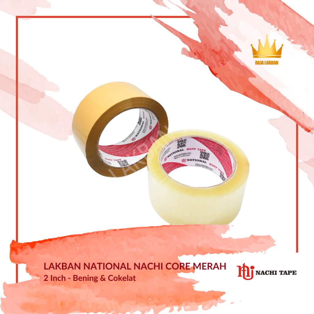 

Lakban Plakban Nachi BOPP OPP National Core Merah 2 inch 48mm 100 Yard Bening & Coklat- Roll