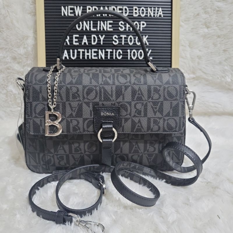 tas bonia original sling bag top handle metis monogram hitam