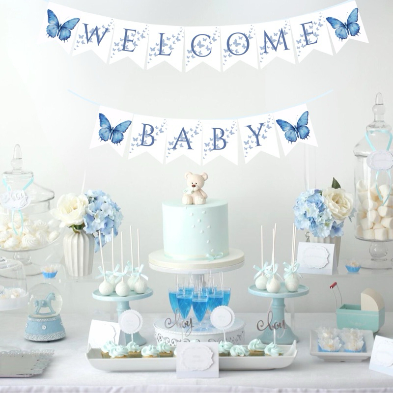 BACKDROP BUNTING FLAG WELCOME BABY BUTTERFLY BLUE