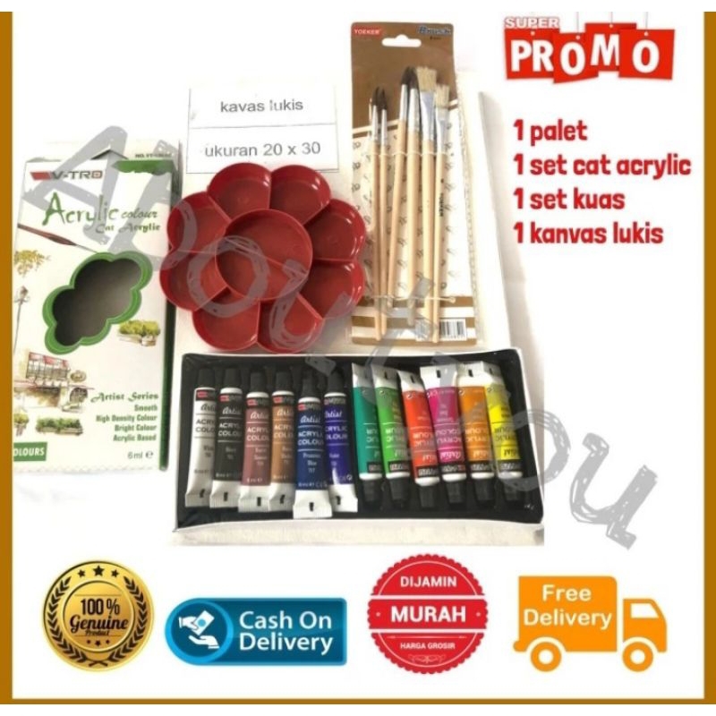 

Paket lukis komplit 4 in1 kanvas cat akrilik kuas palet