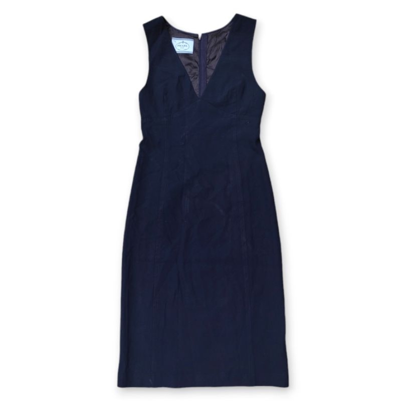 Prada Navy Blue Crepe Sleeveless Midi Dress