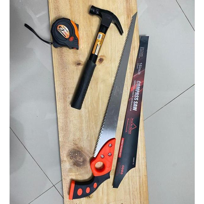 PAKET TUKANG TERMURAH - Gergaji kayu baja asli 16" siap pakai- Palu kambing Gagang Besi , Meteran Vi