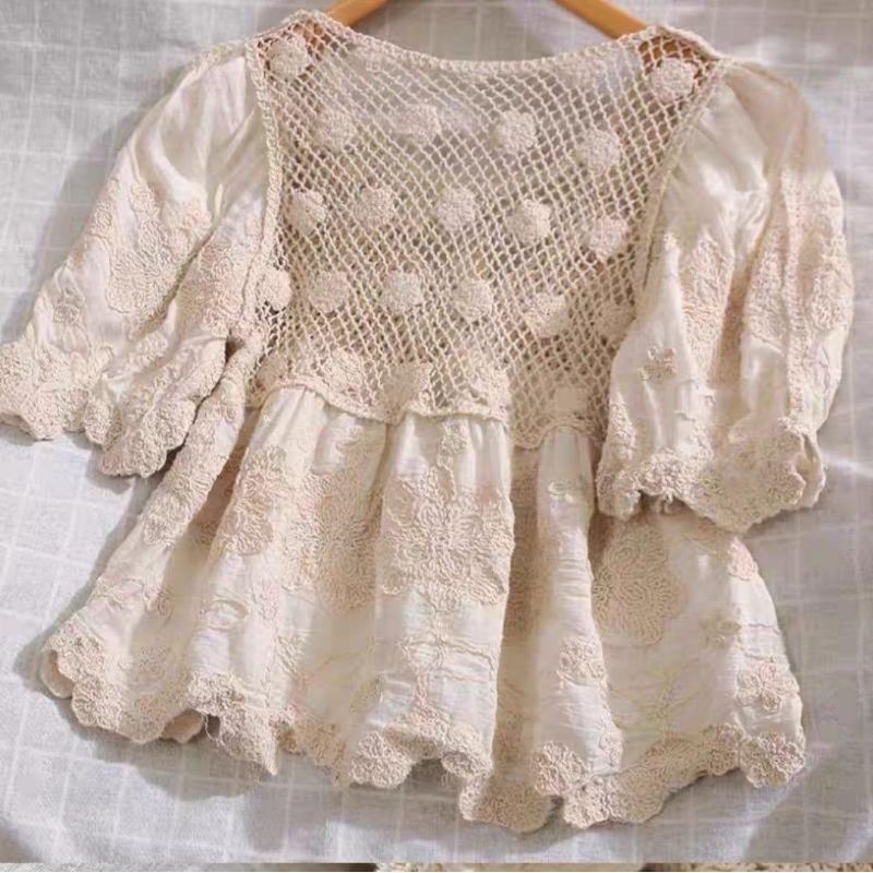 43000 Baju atasan blouse DOTILLA CROCHET TOP BORDIR Lengan pendek putih krem Korean style wanita pre