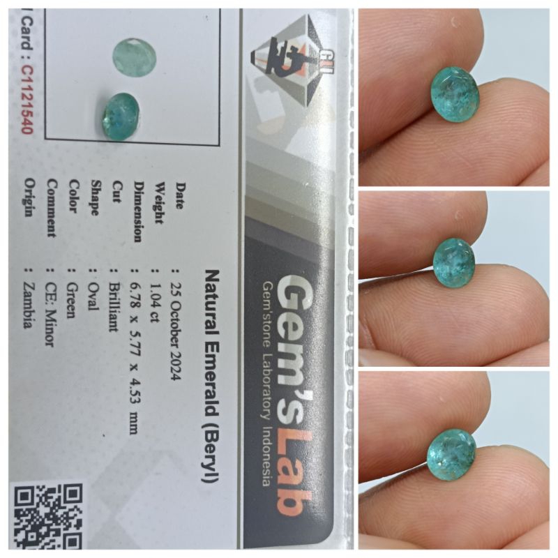 Natural Emerald Beryl Zambia 1 ct memo GLab zamrud Afrika