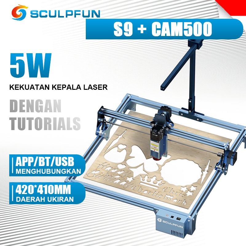Mesin laser cutting acrylic SCULPFUN S9+CAM500 Kamera 120° Lensa sudut lebar piksel 5MP 400x400mm