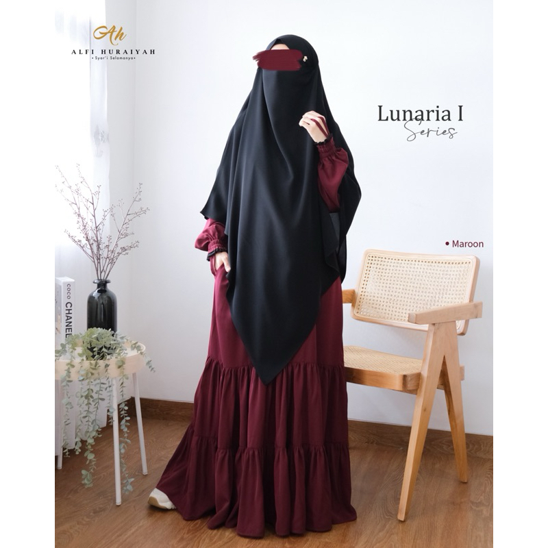 (Maroon) Set Setelan Gamis Lunaria 1 Alfi Huraiyah Maroon Fk French Khimar Cadar Instan Gamis Umpak 