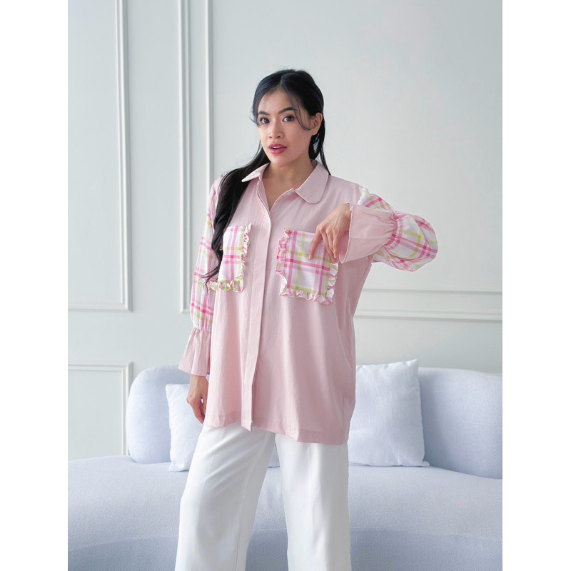 marrash - kemeja wanita baby pink detail saku - alysa pink shirt