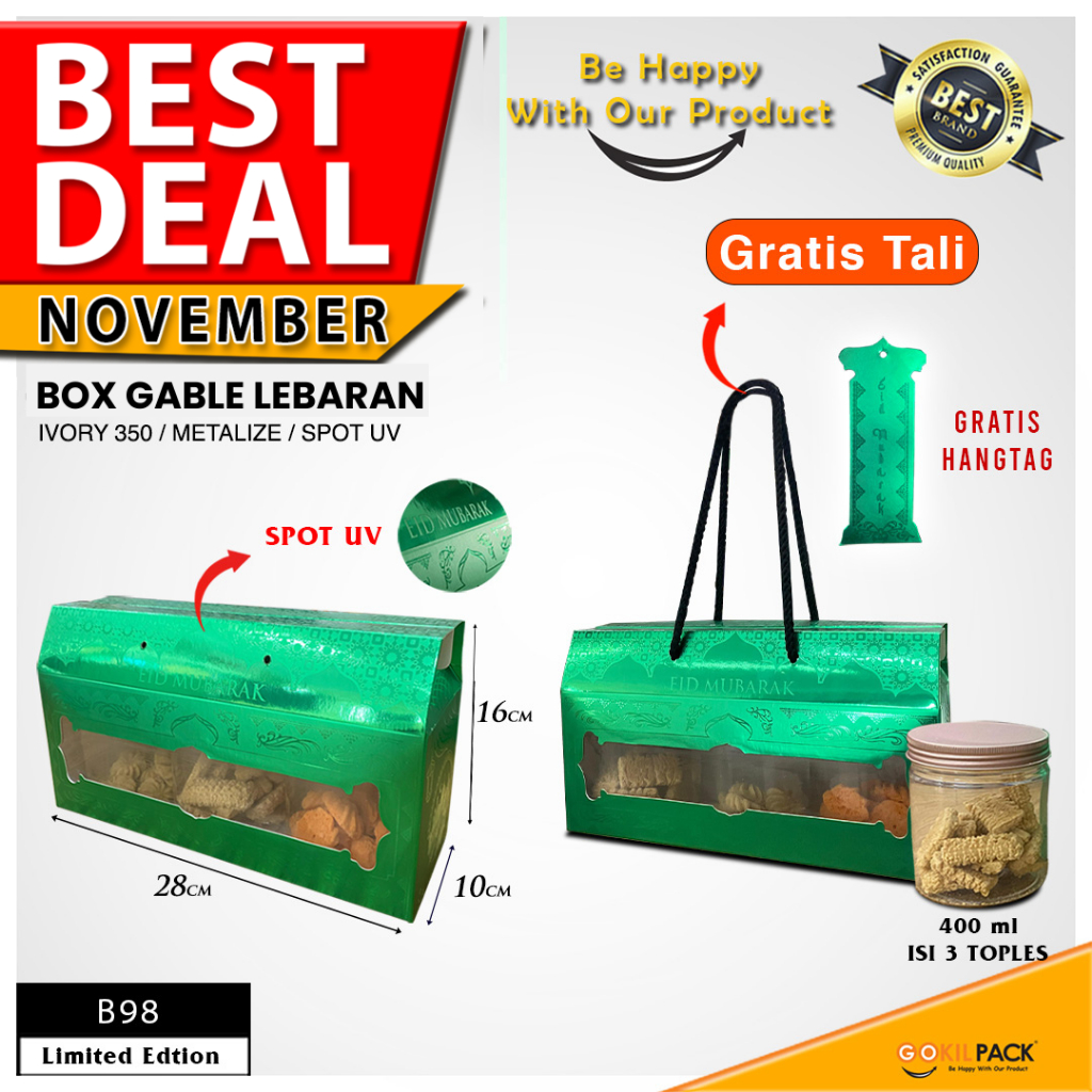 

Box Hampers Lebaran / Gable Box Tali / Kotak Idul Fitri Tenteng Metalize / B98