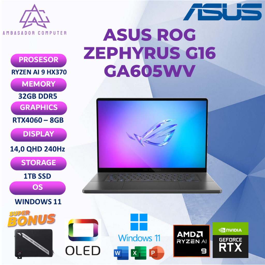 Asus ROG Zephyrus AI G16 OLED Ryzen 9 HX370 RTX4060 8GB 32GB 1TB 240Hz Windows11+OHS