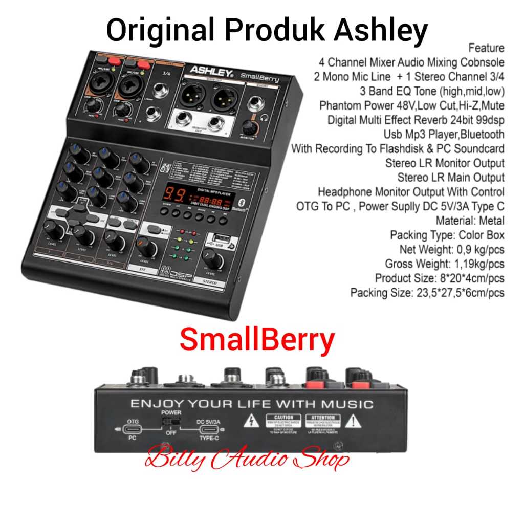 Mixer Audio Ashley Small Berry 4 Channel 2 Mono 2 Stereo OTG Type C Original Ashley