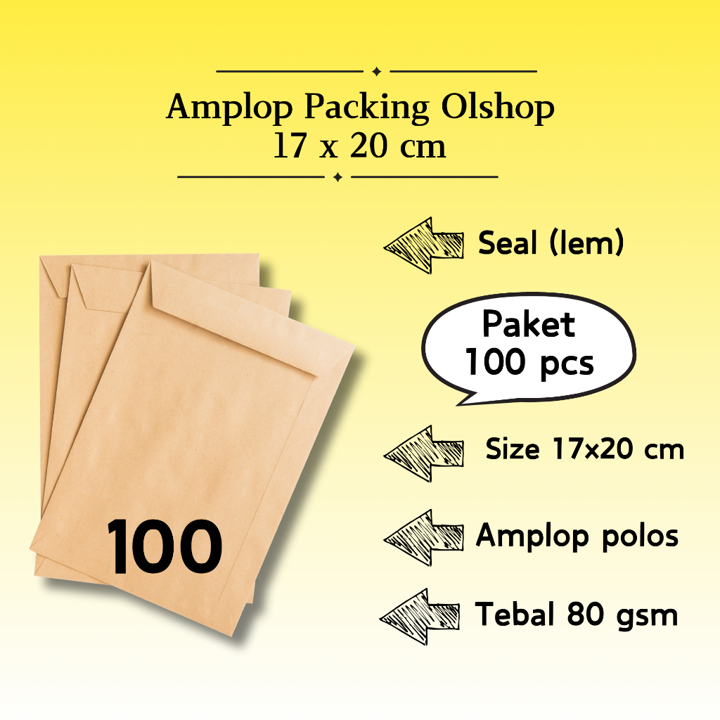 

100 Pcs Potrait - Amplop Packaging Kraft Potrait Amplop Klasik Coklat Polos Seal (Pakai Lem) 17 x 20 cm