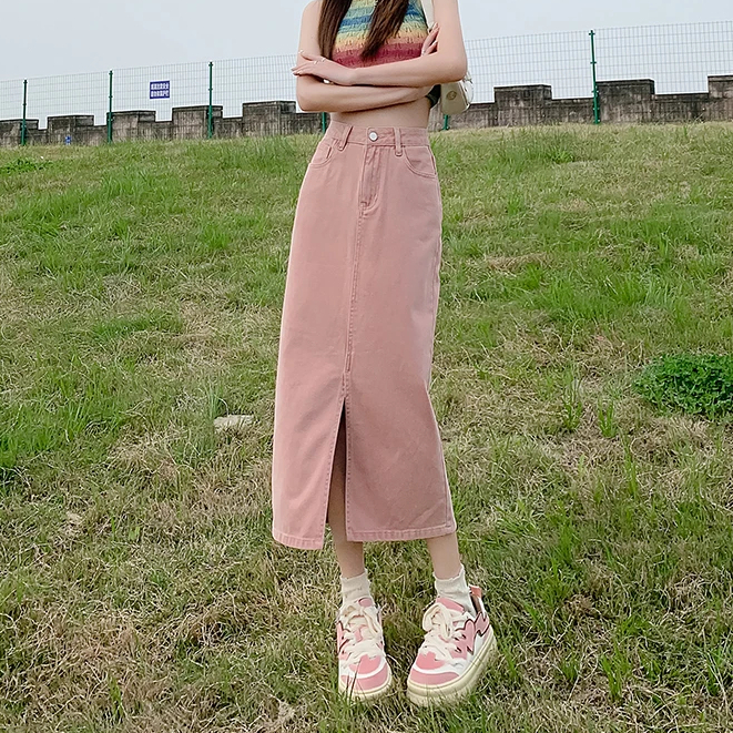 rok jumbo rok pink rok jeans panjang rok korea hw rok a line