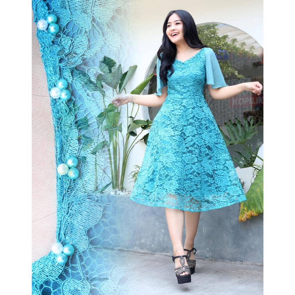 Dress Pesta Natalan Remaja Warna Tosca Gaun Natal Brokat Wanita
