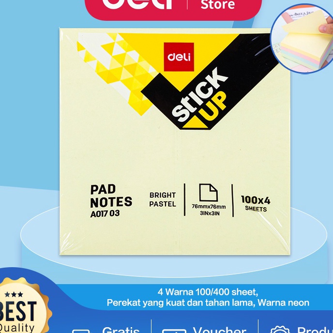 

KF7 Deli Memo Tempel Sticky Notes 4x1Sheets Warna Neon Pastel Lem Menempel Erat
