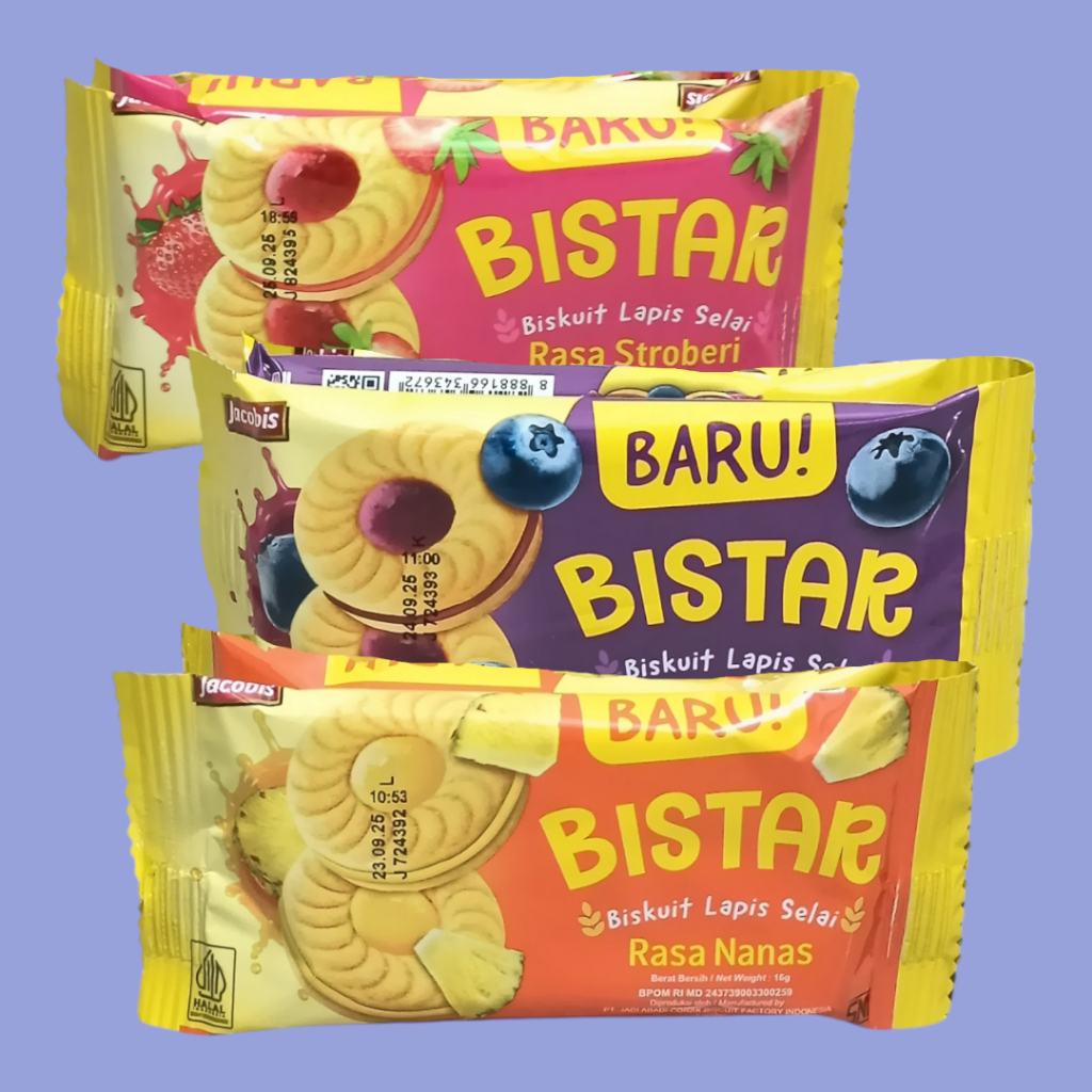 

JACOBIS BISTAR Biscuit Lapis Selai Nanas, Blueberry dan Stroberi 15gr [10 pcs]