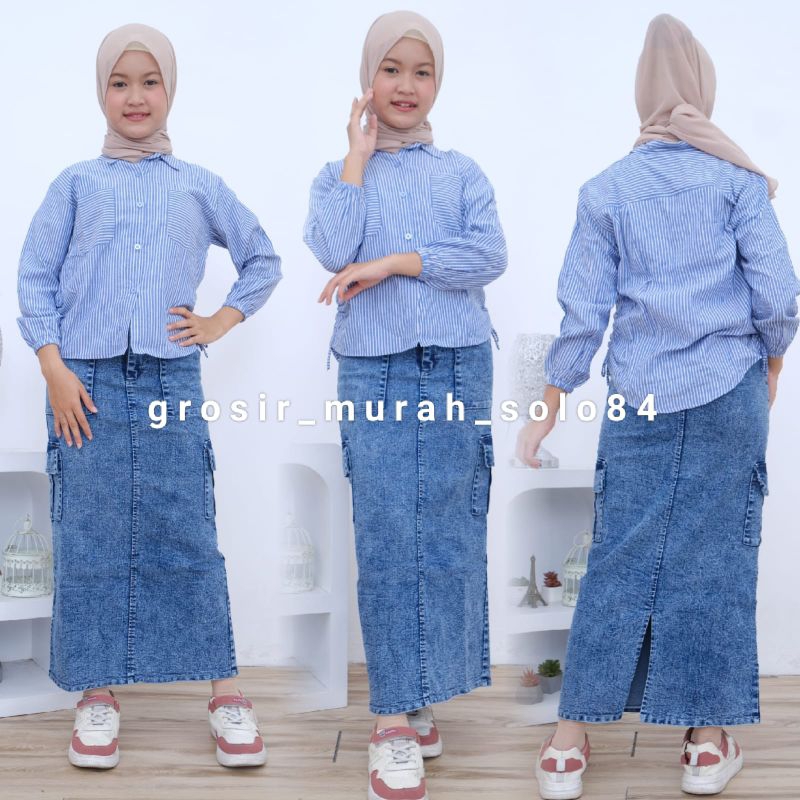 Setelan Anak Perempuan Sandrina Atasan Blouse Stripe + Celana dan Rok Cargo Jeans