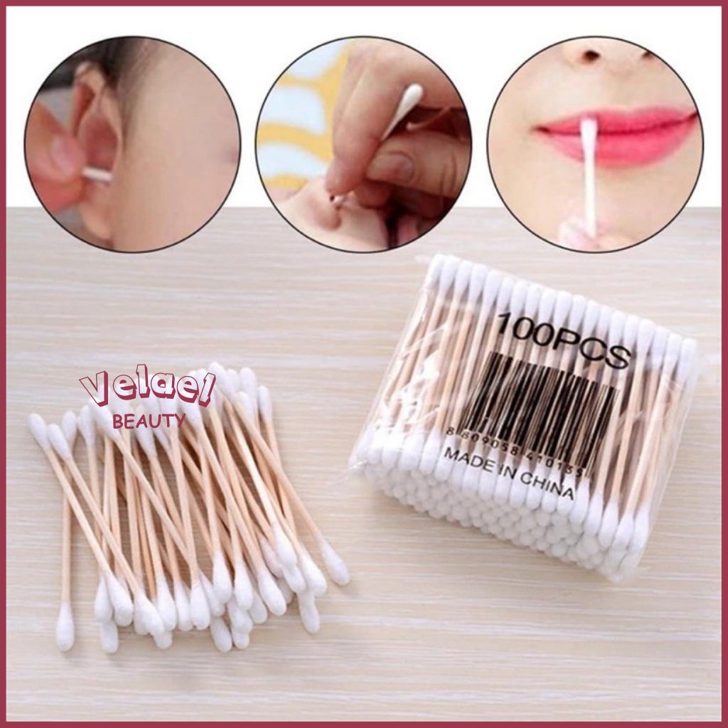 COTTON BUD Isi 100pcs | Cotton Bud Kayu | Korek Kuping Kayu Isi 100 Pembersih Telinga