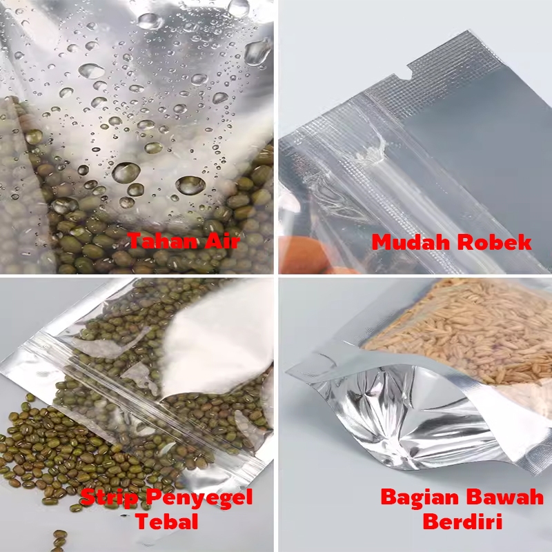 Alumunium Standing Pouch Silver Kemasan Standing Pouch Aluminum Foil Clear Zipper Bag Food Storage
