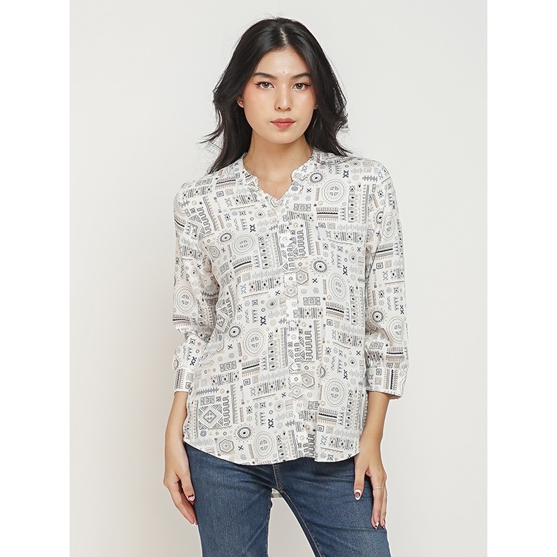 DUST Kemeja Amaya Ethnic Putih Comfease (D. 13172) Pakaian Wanita Lengan 3/4 Terbaru