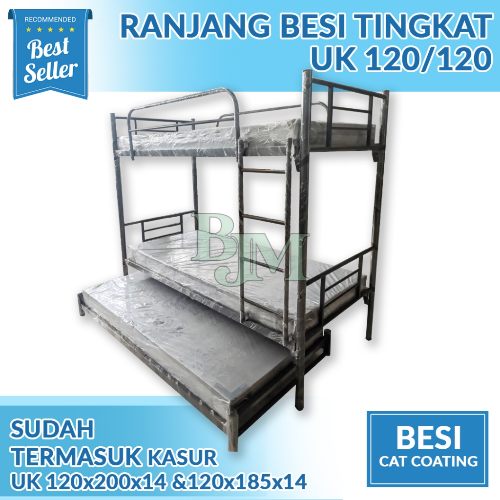 Ranjang susun 3 tingkat Ranjang besi + kasur busa uk 120