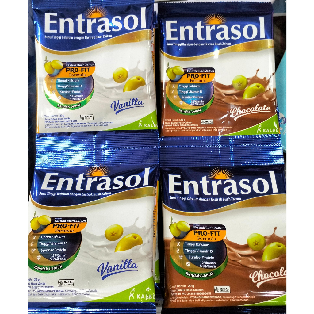 

Susu Entrasol Renteng rasa Vanilla dan Coklat ( 1 Renteng isi 10 Sashet )