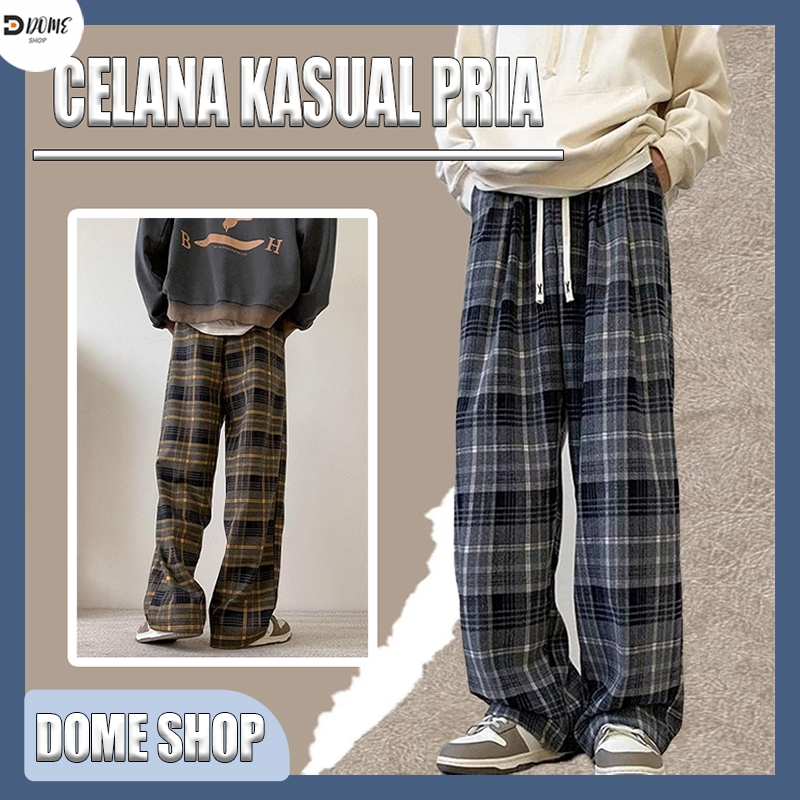 Celana panjang pria Celana panjang kasual pria yang longgar Celana panjang kotak-kotak Celana panjan