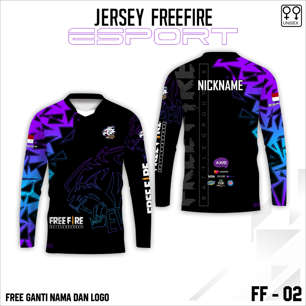 Jersey e sport baju free fire kaos esport gamer ff terbaru lengan panjang